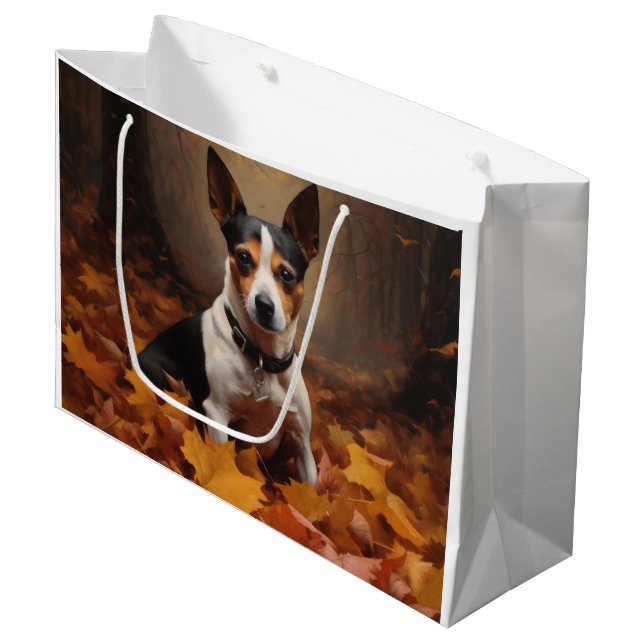 Rat Terrier im Herbst Leaves Fall Inspiriert Große Geschenktüte (Vorderseite Schrägansicht)