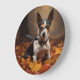 Rat Terrier im Herbst Leaves Fall Inspiriert Große Wanduhr