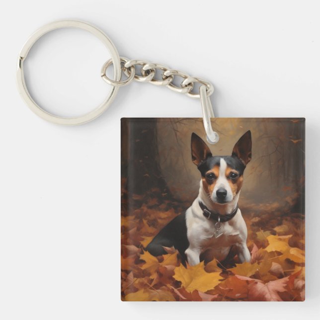 Rat Terrier im Herbst Leaves Fall Inspiriert Schlüsselanhänger (Vorderseite)