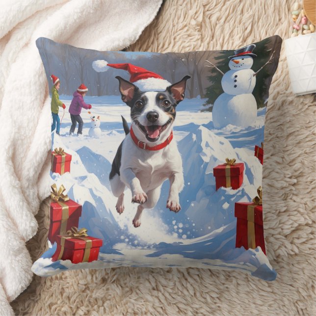 Rat Terrier läuft im Schnee mit Weihnachtshut Kissen (Decke)