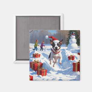 Rat Terrier läuft im Schnee mit Weihnachtshut Magnet