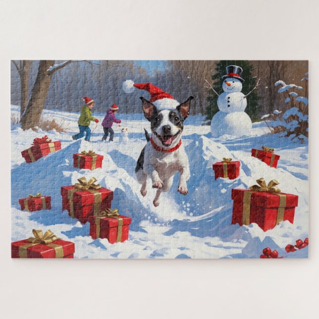 Rat Terrier läuft im Schnee mit Weihnachtshut Puzzle (Horizontal)