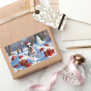 Rat Terrier läuft im Schnee mit Weihnachtshut Rechteckiger Aufkleber