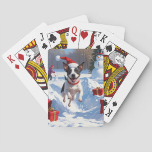 Rat Terrier läuft im Schnee mit Weihnachtshut Spielkarten