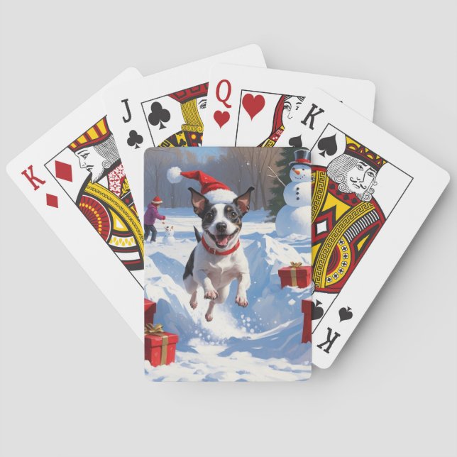 Rat Terrier läuft im Schnee mit Weihnachtshut Spielkarten (Rückseite)