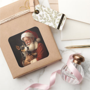 Rat Terrier mit Weihnachtsmann Weihnachten Quadratischer Aufkleber