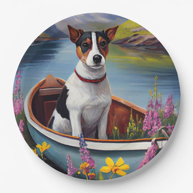 Rat Terrier on a Paddle: Ein Landschaftliches Aben Pappteller (Vorderseite)