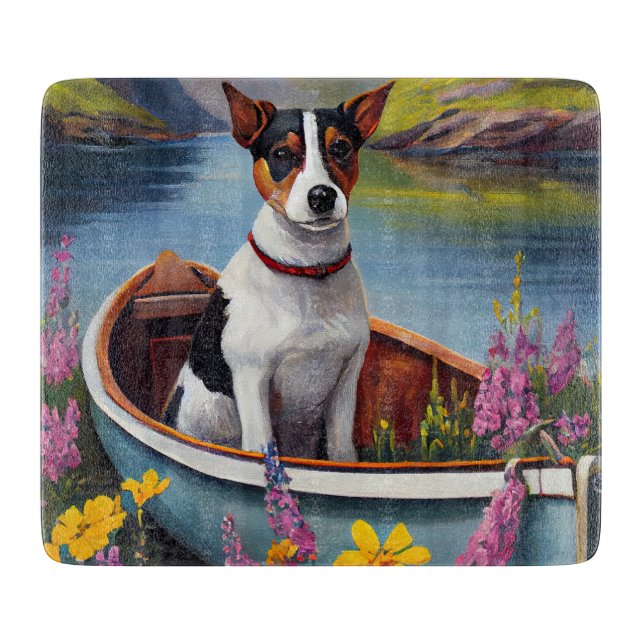 Rat Terrier on a Paddle: Ein Landschaftliches Aben Schneidebrett (Vorderseite)