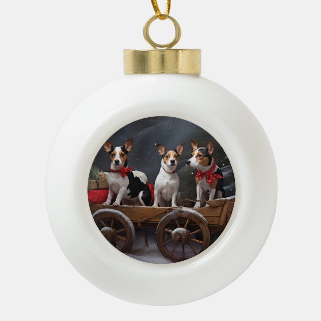 Rat Terrier Snowy Sleigh Weihnachtsdekor Keramik Kugel-Ornament (Vorderseite)