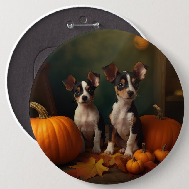 Rat Terrier Welpe Autumn Delight Pumpkin Button (Vorne & Hinten)