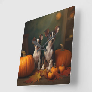 Rat Terrier Welpe Herbstfreude Kürbis Quadratische Wanduhr