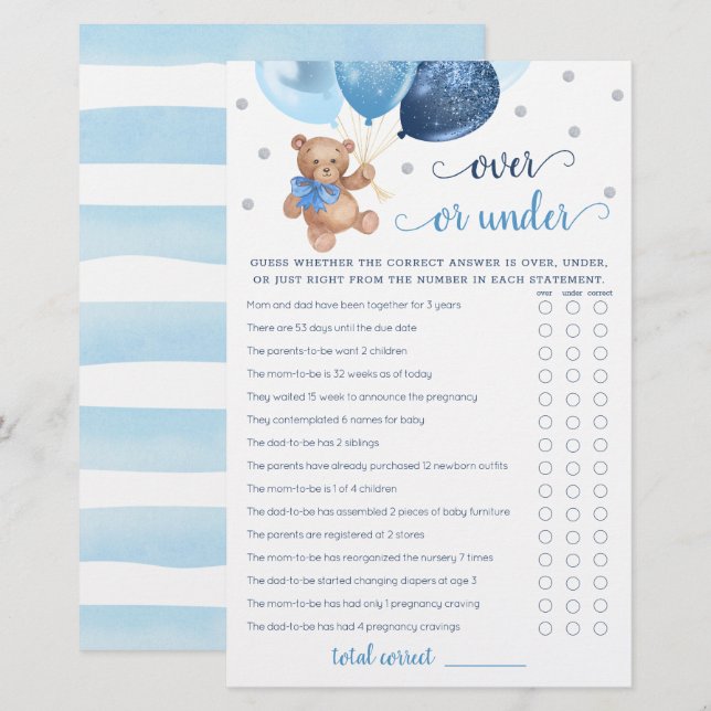 Rate-Über-oder-Unter-Spiel Baby Shower Teddybär  (Vorne/Hinten)