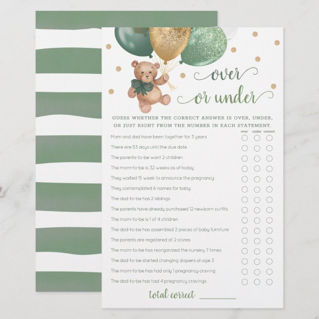 Rate-Über-oder-Unter-Spiel Baby Shower Teddybär  (Vorne/Hinten)