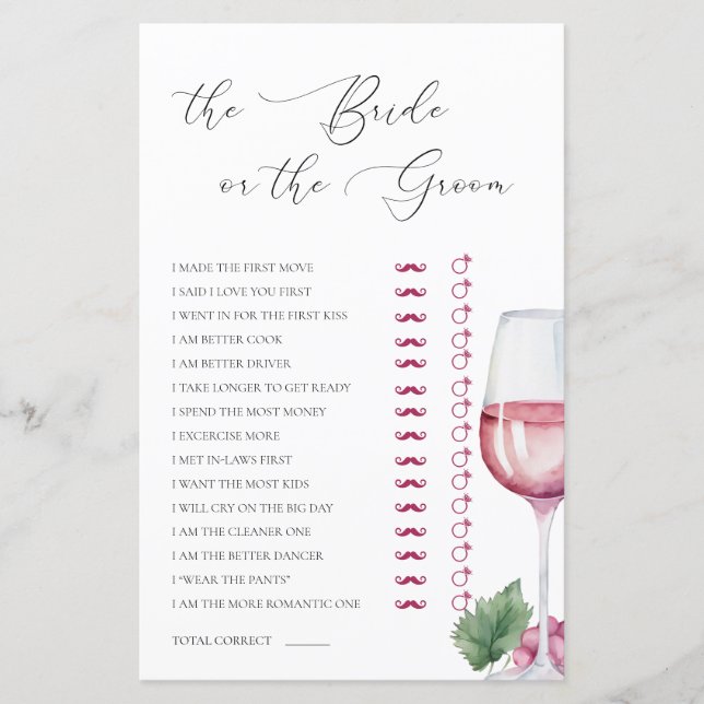 Rate, wer Vino vor Vows Brautparty Game (Vorderseite)