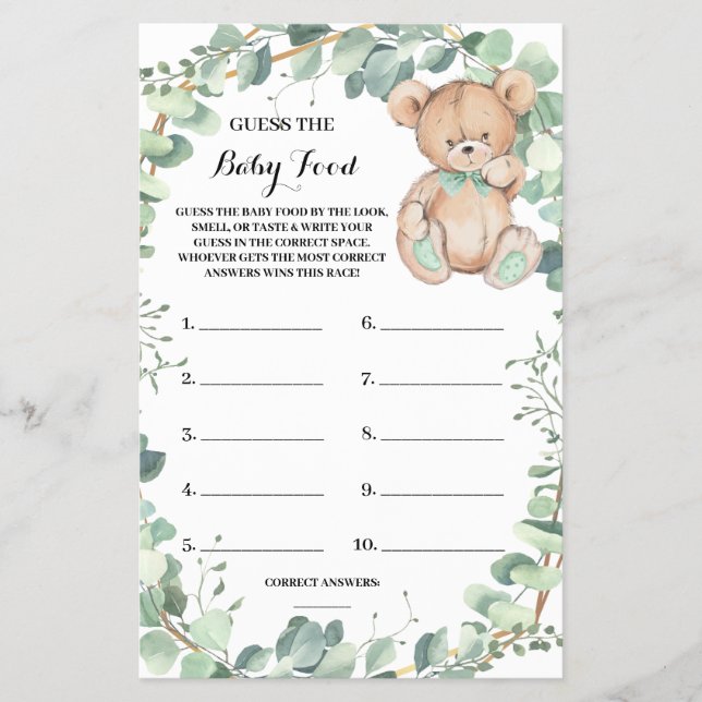 Raten Sie Baby Food Bear Green Dusche Game Card Flyer (Vorne)