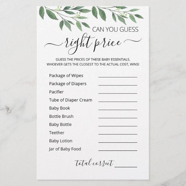 Raten Sie das richtige Preisspiel Baby Shower Part (Vorderseite)