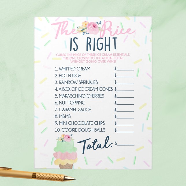 Raten Sie mal das Preis-Ice Cream Essentials Game  Notizblock (Guess Price Right Ice Cream Scooped Up Bridal Shower Game Pack of 40 Answer Sheets)