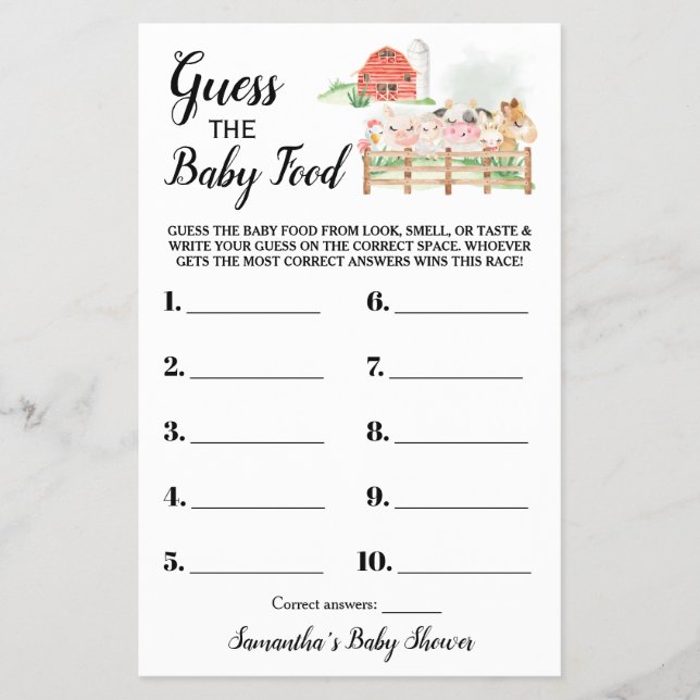 Raten Sie mal die Baby Food Farm Baby Shower Game  Flyer (Vorne)