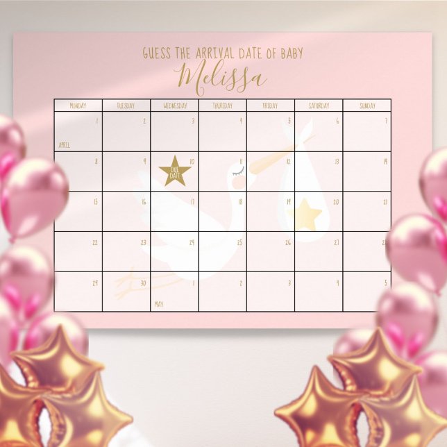 Raten Sie mal, wann der Termin für den Kalender is Poster (Guess The Due Date Calendar Pink Baby Shower Game Poster)