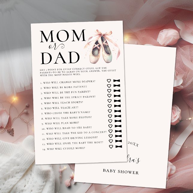 Raten Sie mal, wer Baby Shower Game Pink Ballerina Flyer (ballerina baby shower game guess who mom dad pink ballet shoes pointes watercolor elegant chic)