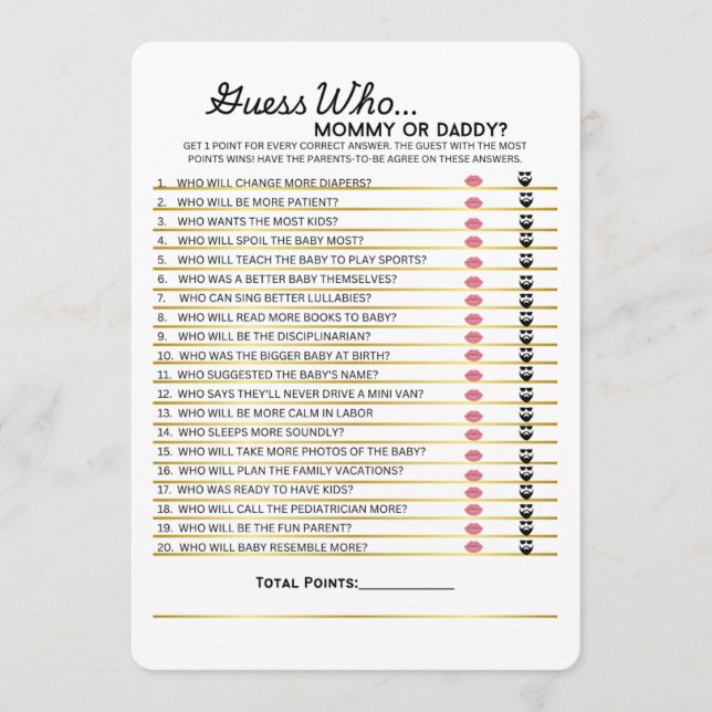Raten Sie mal, wer- Mama oder Daddy Game Menükarte (Vorderseite)