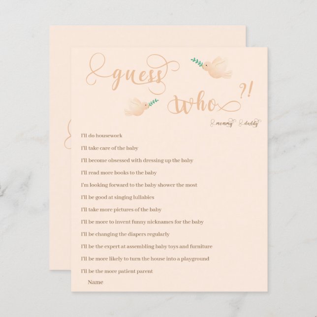Raten Sie mal, wer Mama oder Papa Baby Shower Game (Vorne/Hinten)