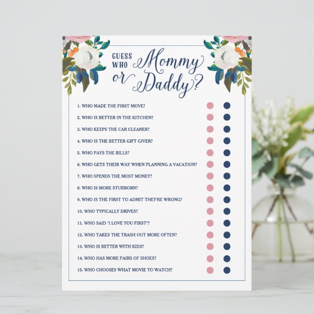 Raten Sie mal, wer Mama oder Papa Baby Shower Game Einladung (Stehend Vorderseite)