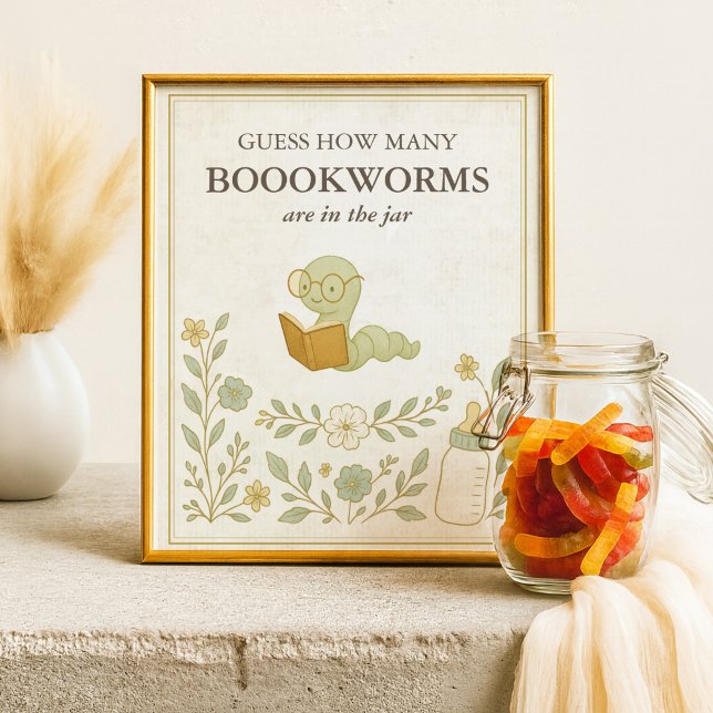 Raten Sie mal, wie viele Bookwürmer Storybook Baby Poster (Guess How many Bookworms are in the jar Storybook Baby Shower Sign, Our next chapter, Book Themed)