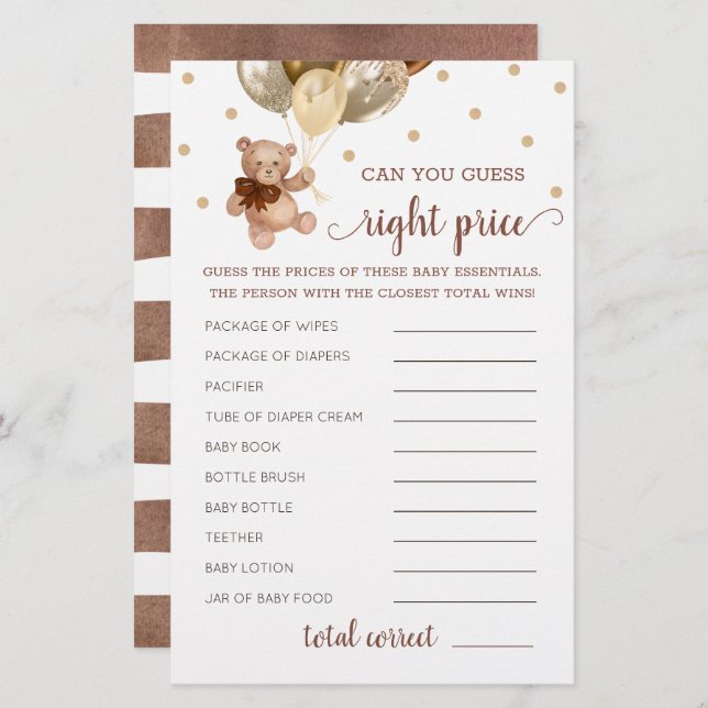 Raten Sie richtig Preis Spiel Baby Dusche Teddy Be (Vorne/Hinten)