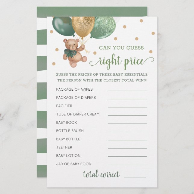 Raten Sie richtig Preis Spiel Baby Dusche Teddy Be (Vorne/Hinten)