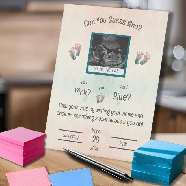 "Raten Sie wem" Geschlecht offenbart Ultraschalldu Sockelschild (Gender Reveal Baby Shower Game, "Guess Who" Team Pink or Team Blue, Sign)