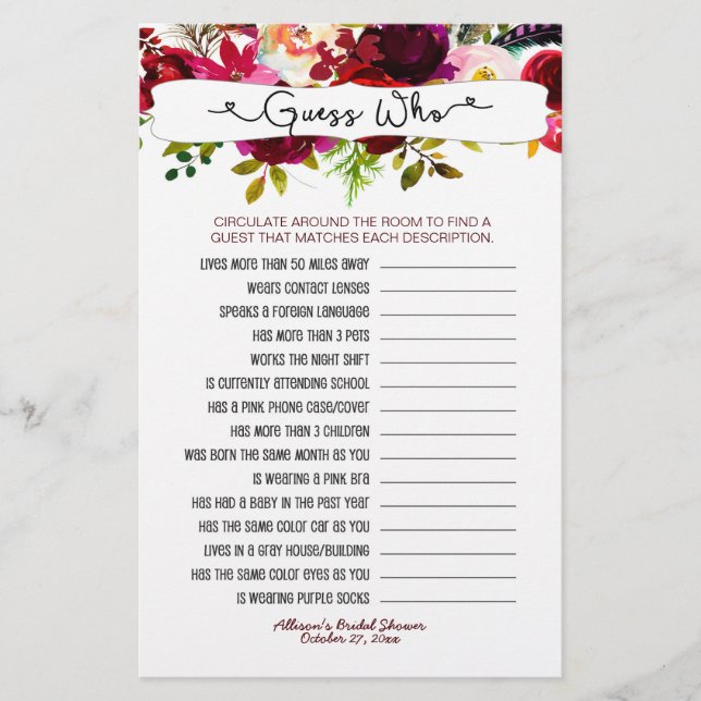 Raten Sie, wer + Handyspiele, bordeauxrot floral 3 (Vorderseite)