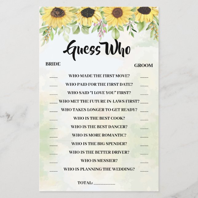 Raten Sie, wer Sonnenblumen Brautparty-Spielkarte  Flyer (Vorne)
