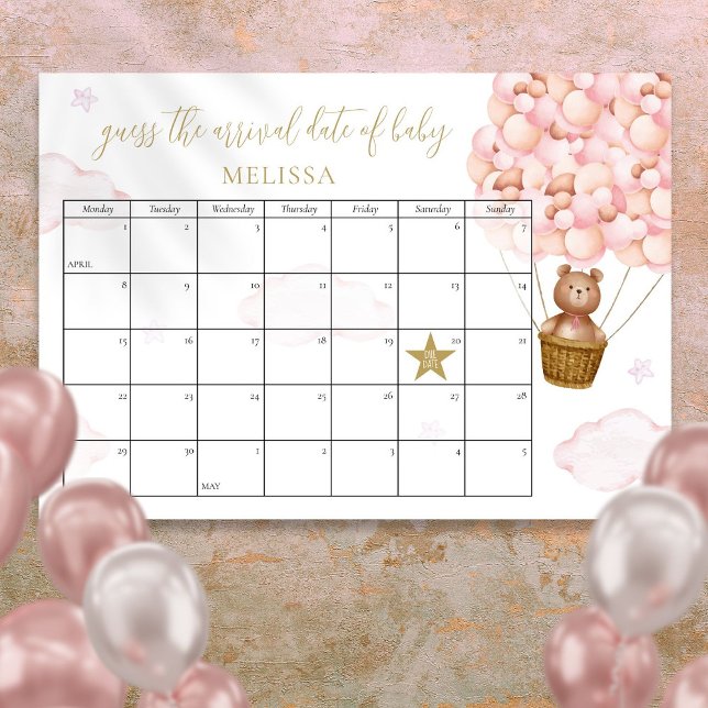 Ratet mal, wann die Teddy Bear Pink Baby Dusche is Poster (Guess The Due Date Teddy Bear Pink Baby Shower Poster)