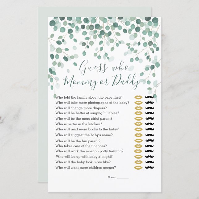 Ratet mal, wer Baby Duwer Game Eukalyptus Blätter (Vorne/Hinten)