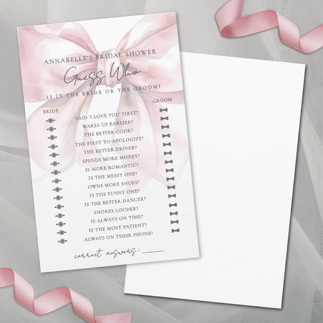 Ratet, wer das Brautparty-Spiel "Pink Bow" blusst (Guess Who Blush Pink Bow Bridal Shower Game)
