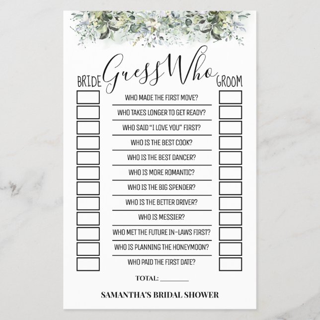 Ratet, wer Eukalyptus-Brautparty-Spielkarte Flyer (Vorne)