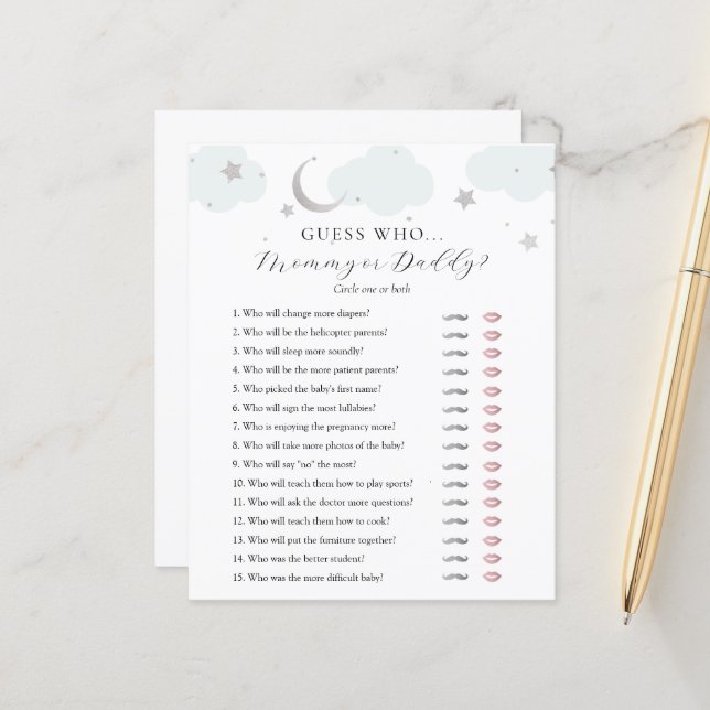 Ratet, wer Mama oder Daddy Baby Shower Spielkarte (Vorderseite/Rückseite Beispiel)