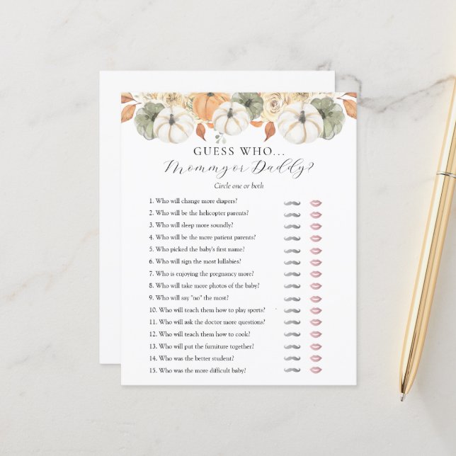 Ratet, wer Mama oder Daddy Baby Shower Spielkarte (Vorderseite/Rückseite Beispiel)