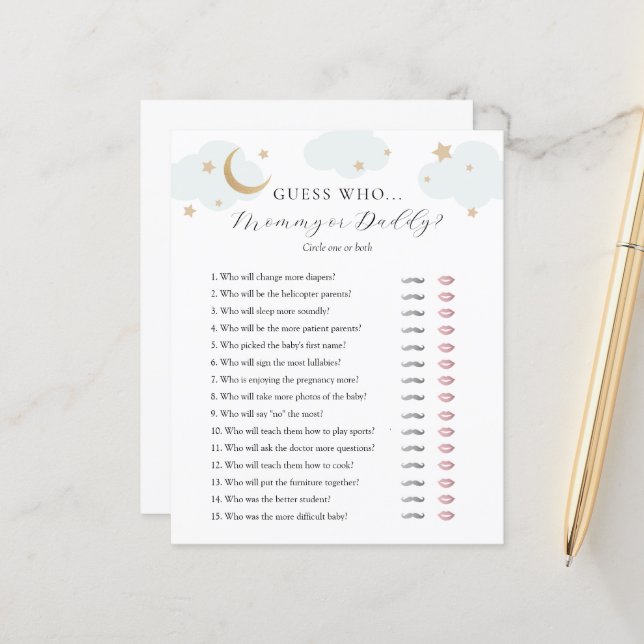 Ratet, wer Mama oder Daddy Baby Shower Spielkarte (Vorderseite/Rückseite Beispiel)