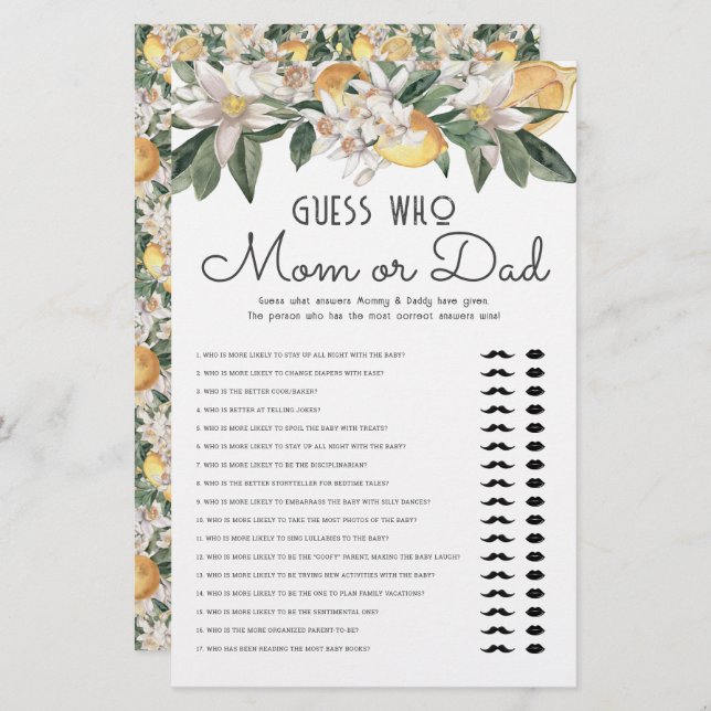 Ratet, wer Mama oder Vater Lemon Citrus Baby Dusch Briefpapier (Vorne/Hinten)