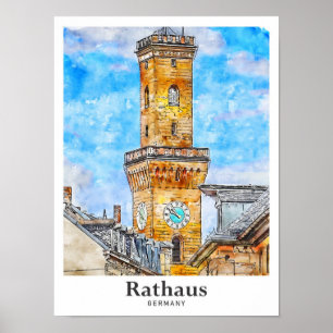 Rathaus Deutschland Reise Wasserfarbe Handgezeichn Poster