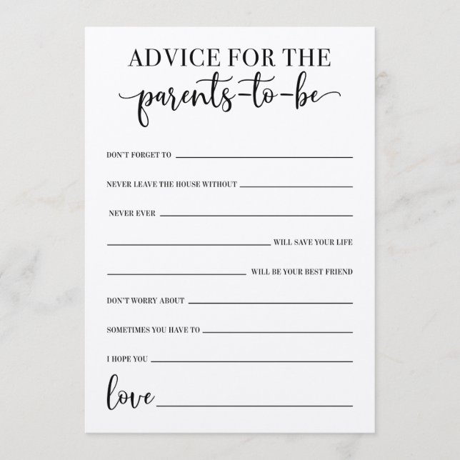 Ratschläge für das Babyduschenspiel der Eltern Programm (Vorderseite)