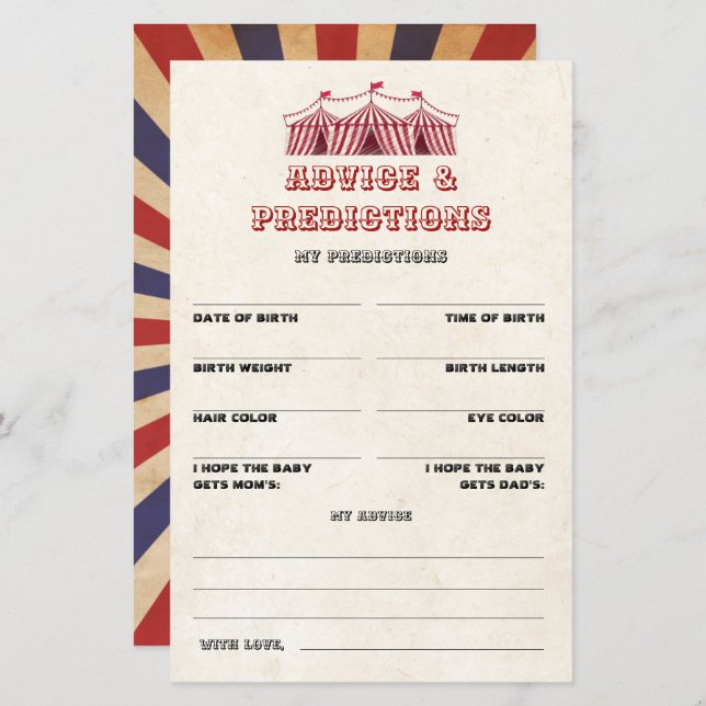 Ratschläge und Vorhersagen Circus Baby Shower Game (Vorne/Hinten)