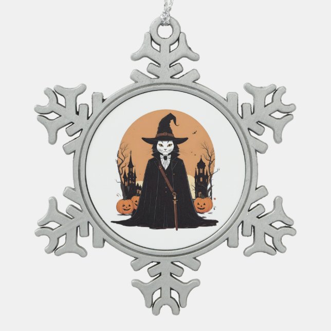 rätselhafte Katze Schneeflocken Zinn-Ornament (Vorderseite)