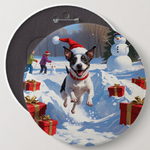 Ratt Terrier läuft im Schnee mit Weihnachtsmütze Button