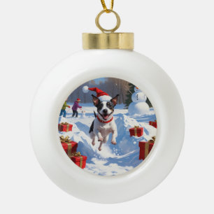 Ratt Terrier läuft im Schnee mit Weihnachtsmütze Keramik Kugel-Ornament