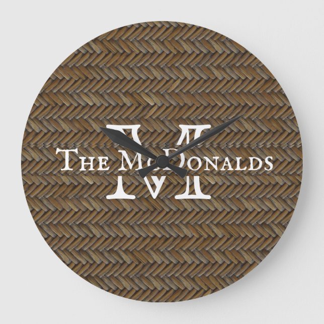 Rattan Wicker Boho Monogram Basketweave   Große Wanduhr (Vorderseite)