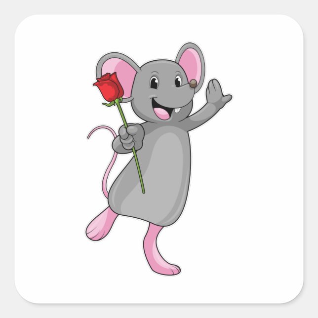 Ratte mit Rose Blume Quadratischer Aufkleber (Vorderseite)