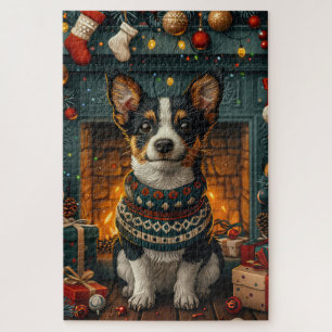 Ratten-Terrier-Hund mit Weihnachtsgeschenken Kamin Puzzle